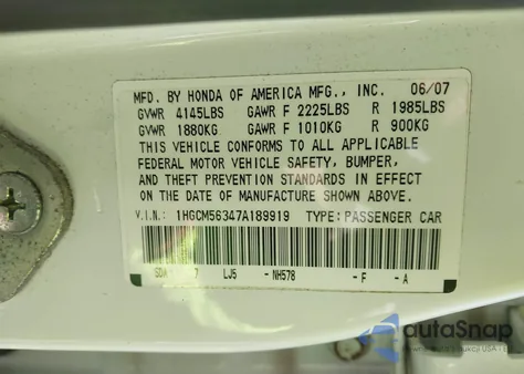 2007 Honda Accord 2.4 Se z USA, uszkodzony, nr VIN 1HGCM56347A189919